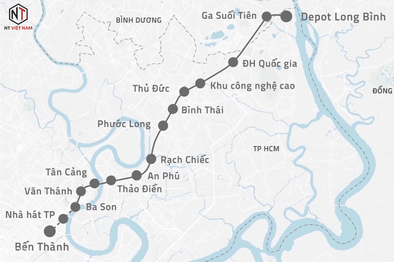 Vị trí 14 nhà ga Metro số 1 và cầu đi bộ kết nối. Đồ họa: Khánh Hoàng